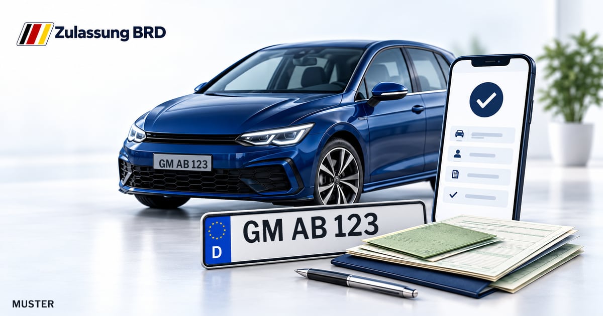Online Fahrzeugzulassung in Bergneustadt: Musterkennzeichen GM AB 123, Auto und Fahrzeugpapiere und Smartphone. Illustration mit Logo von Zulassung BRD.